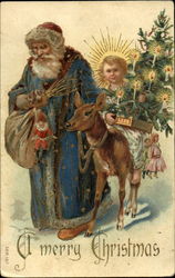 Santa with Blue Robe - Anel with Tree, Reindeer Postcard