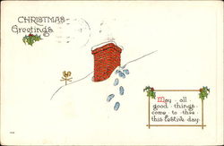 Christmas Greetings Footsteps on Roof Postcard