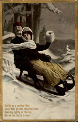 Couple Sledding Winter Romance & Love Postcard Postcard