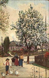 Blooming tree, two women and a little boy with three geese Postcard