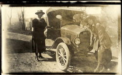 Two Women with Old Car Postcard