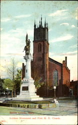 Soldiers Monument And First M. E. Church Battle Creek, MI Postcard Postcard