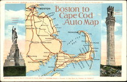 Boston To Cape Cod Auto Map Massachusetts Postcard Postcard