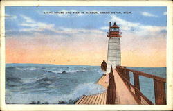 Light House And Pier In Harbor Grand Haven, MI Postcard Postcard