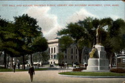 City Hall And Square, Showing Public Library And Soldier's Monument Postcard