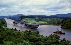 U. S. Aircraft Carrier Passing Through Gaillard Cut, Panama Canal Postcard