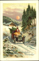 Gluckliches Neujahr Santa in Auto Postcard