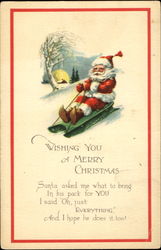 Wishing You A Merry Christmas Santa on Sled Postcard