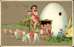 Easter Greetings Gold With Lambs Postcard Postcard