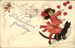 Valentine Girl & Cat Postcard