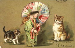 Asian Boy, Cats Postcard