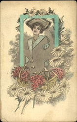 Woman with Baskets of Flowers Postcard