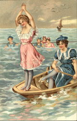 Girls in Rowboat Postcard