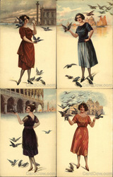 Set of 4: Italian Art Deco Women With Birds Postcard Postcard