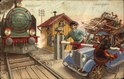 Train Crossing - Dressed Mice Postcard