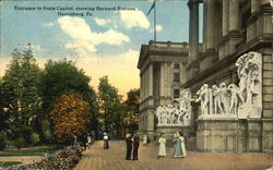 Entrance To State Capitol Showing Barnard Statues Postcard