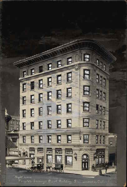 Rare Original Art - Night Scene People's Savings Bank Sacramento California