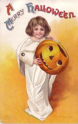 Mechanical Girl Ghost w/JOL Halloween Postcard Postcard