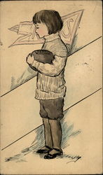 Drawing of a Child holding a Football Postcard