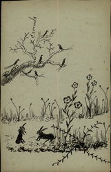 Drawing of birds, rabbits, and flowers Postcard