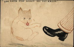 A black boot kicking a dog Postcard