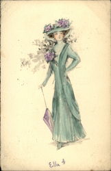 Victorian lady in green dress with purple flowers and umbrella Postcard