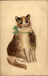 Cat With a Green Bow Around its Neck Cats Postcard Postcard