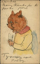 Hungry Cat - Hand Colored Postcard