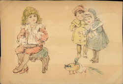 Three Cute Children with Ducks (Hand Colored) Postcard