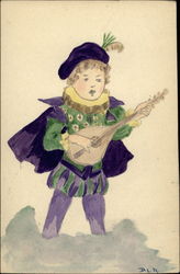 Minstrel in purple and green Postcard