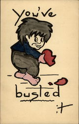 Boy Holding a Broken Heart, Hand Colored Postcard