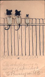 Three Kittys on a Fence Made From Pussywillows Postcard