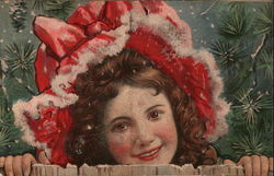 Girl in a Red Winter Bonnet Peeping over a Fence Postcard