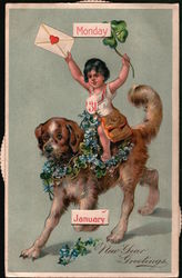 New Year's Cupid Riding Dog Mechanical Calendar Postcard