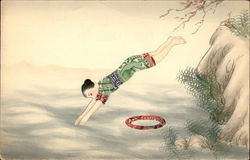 Chinese Stamp Montage Man Diving Postcard