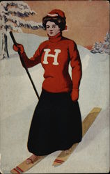 Harvard Woman on Skis College Girls Postcard Postcard