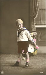 Boy with Basket Tinted Boys Postcard Postcard