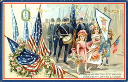 Decoration Day Parade, Girls Flags Memorial Day Postcard Postcard