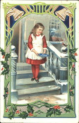 Girl on Steps Birds Children Postcard Postcard