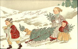 Children Hauling Tree Postcard