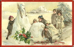 Children Building Snowmen Postcard Postcard