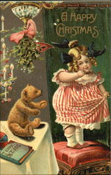 Girl with Teddy Bear Mistletoe Postcard