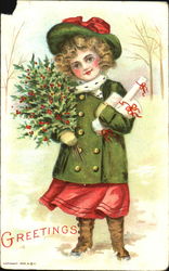 Girl with Holly & Parcels Children Postcard Postcard