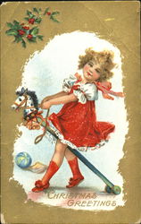 Girl on Toy Horse Children Postcard Postcard