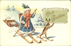 Girl on Skis Rabbit Postcard