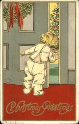 Boy Peeking at Christmas Tree Postcard