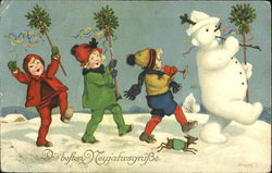 Children Folowing Snowman German Snowmen Postcard Postcard