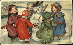 Children around Snowman Snowmen Postcard Postcard