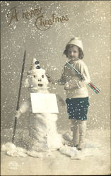 Tinted Girl with Snowman Snowmen Postcard Postcard