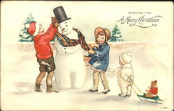 Children around Snowman Snowmen Postcard Postcard